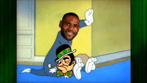 LeBron James spanking the Boston Celtics mascot